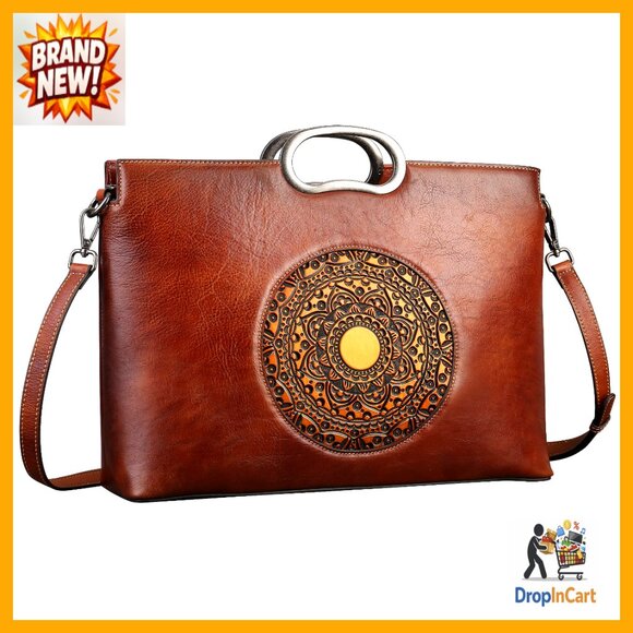 Genuine Leather Satchel Crossbody Bag Vintage Embossed Large Capacity Organizer